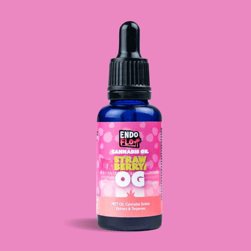 EndoFlo Full Spectrum Cannabis OIl Tincture 500mg - Strawberry OG on Pink Background