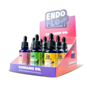 Endoflo Mixed 9 Pack of full spectrum cbd oils on white background from slight angle