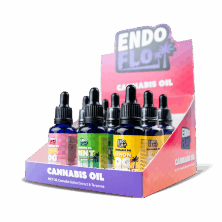 Endoflo Mixed 9 Pack of full spectrum cbd oils on white background from slight angle