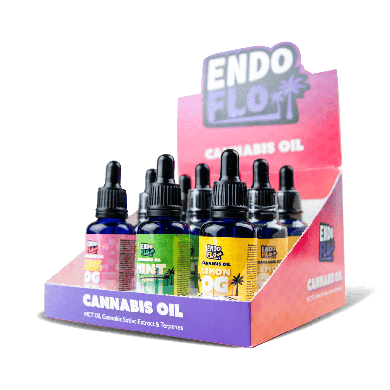 Endoflo Mixed 9 Pack of full spectrum cbd oils on white background from slight angle