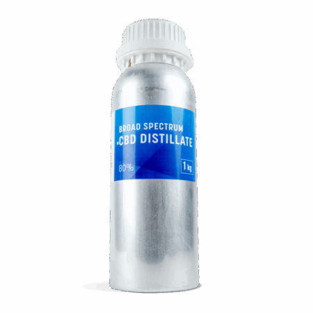 Dushey Broad Spectrum CBD Distillate 80% 1KG cannister / bulk on white background